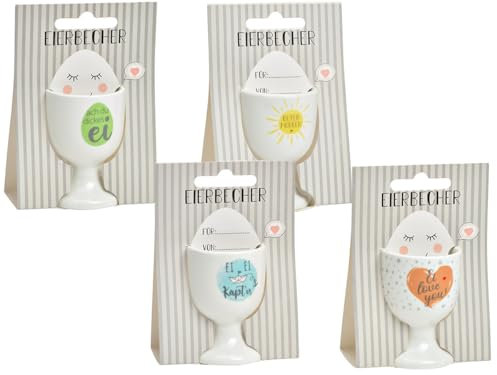 meindekoartikel 4 Eierbecher mit Gute Laune Sprüchen aus Porzellan Kocheibecher 4-Fach Sortiert - Weiss Ø5xH7cm