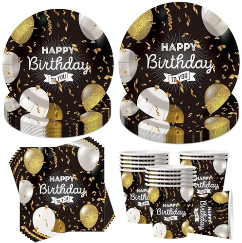50 Stück Pappgeschirr Schwarz Gold,Party Deko Schwarz Gold,Partygeschirr Kindergeburtstag,Kindergeburtstag Deko,Geburtstag Deko,Mit Teller Becher Servietten,Party Geschirr für 10 Gäste