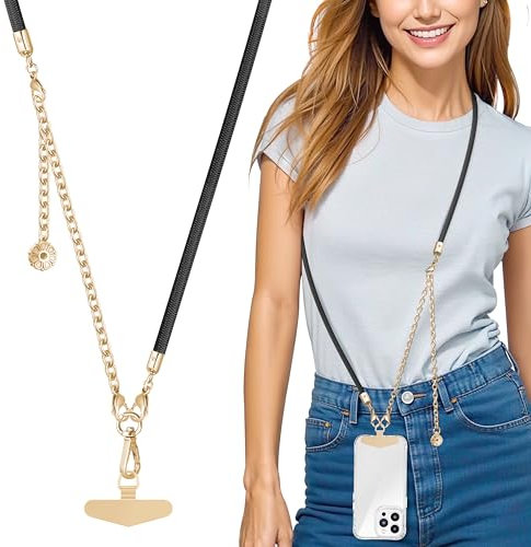 ROCONTRIP 2-In-1 Mobile Phone Lanyard Adjustable Crossbody Phone Chain Strap with Detachable Metal Wrist Strap, Neck Strap for Most Phones with Metal Tether Tab (Black+Gold)