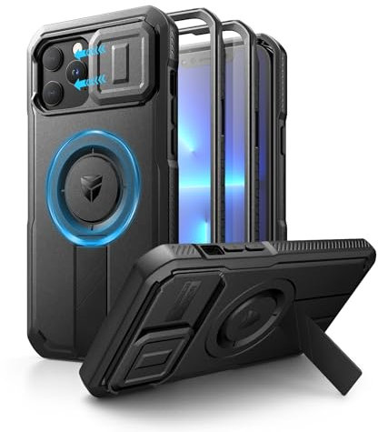 Dexnor for iPhone 12 Pro Max & 13 Pro Max Magnetic Case With Slide Camera Cover & Adjustable Kickstand & Built-in Screen Protector, Rugged Shockproof Bumper Cases Heavy-duty Cover - Night Black