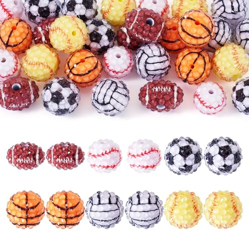 Boutigem Strassperlen mit Sportmotiven, Fußball, Basketball, Volleyball, Baseball, Rugby, Kunstharz, für Bastelarbeiten, Stifte, Schlüsselanhänger, Schlüsselbänder, Schmuckherstellung, Ornament, 30