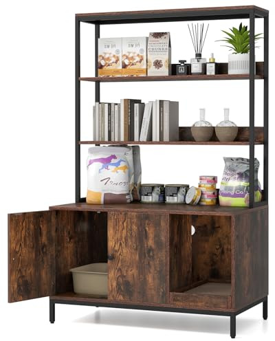 Maxmass Cat Litter Box Enclosure, Wooden Cat House with Removable Scratching Pad & 3-tier Storage Shelves, Hidden Kitten Washroom Furniture for Indoor Cats (Rustic Brown + Black)