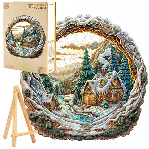 PASJO 3D-Holzpuzzle 280 Teile Winterliches Weihnachtsdorf inkl. Mini-Holzstaffelei Holzbox Puzzlekunst Bastelspaß Wanddekoration Winterlandschaft