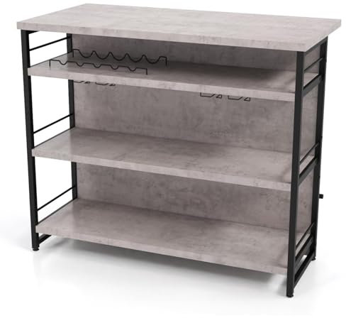COSTWAY 2-in-1 Industrial Kitchen Island, 4-Tier Bar Table Sideboard with 3 Open Shelves, Wine Rack, Stemware Holders & Footrest, Wine Cabinet Storage Organizer for Home Pub (Grey)