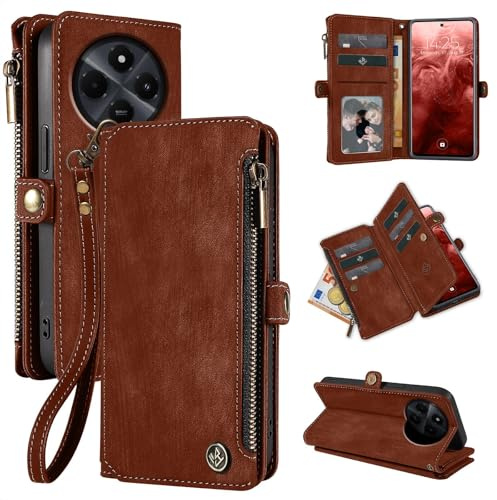 LBH Handy Hülle für Xiaomi Redmi 14C Klapphülle RFID Schutz Wallet Geldbeutel Geldbörse Cover Case Flipcase Kartenfächer Geldfach Münzfach Dunkelbraun