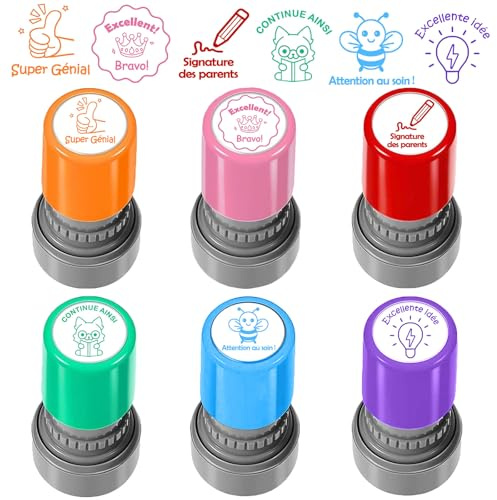6 Tampons Encreur Autonomes pour Enseignants – Motifs Adorables + Messages Motivants – Outil Pédagogique pour Devoirs et Récompenses