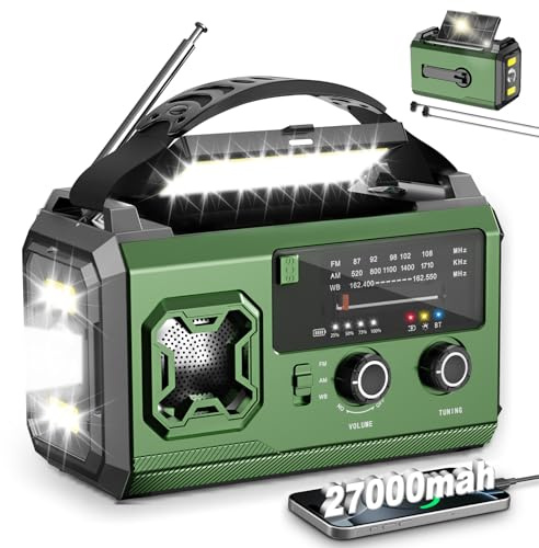 LIFOCI Radio Solar de Emergencia con Manivela, 27000mAh FM/Am Emergency Radio Portatil de Dinamo con Linterna LED, Luz de Lectura y SOS Alarma USB de Camping al Aire Libre (Verde Militar)