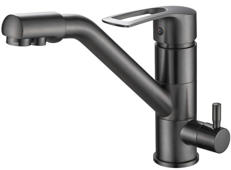 Zeffrary 3-Wege-Küchenarmatur, 360° drehbarer Küchenarmatur, Spültischarmatur mit flexiblem Auslauf, G3/8 Zoll (Dreifach-Anschluss-Wasserhahn mit Wasserfilter, Grau)