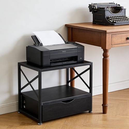 Panana Desktop Printer Stand,2-Tier Office Storage Shelves,Kitchen Organizer with Storage Drawer (Black)