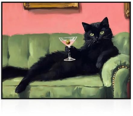 Dazzlewall Komische Schwarze Katze Wandkunst, Retro Elegante Schwarze Katze die einen Martini hält Wanddeko für Schlafzimmer Wohnzimmer Bar Ohne Rahmen 30x40 cm