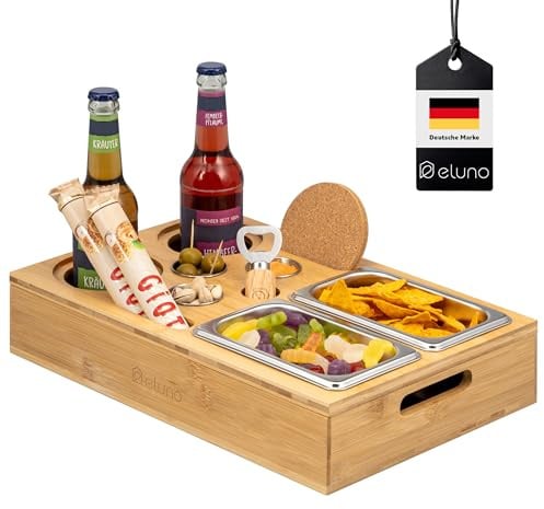 eluno Couchbar mit abnehmbarem, magnetischem Deckel, Serviertablett, inklusive 2 Snackschalen, 3 Dipschälchen, 2 Getränkehalter mit Korkuntersetzer,1 Flaschenöffner aus Bambus (Bambus)