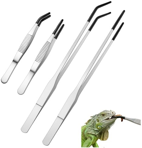 WJIAAA Lot de 4 pinces à épiler longues en acier inoxydable pour reptiles - 10,6 mm - Fournitures de terrarium droites et incurvées pour aquarium, terrarium, travaux manuels, aquariums de reptiles