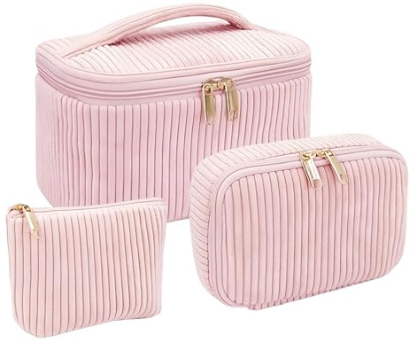 YEJAHY 3 Stück Kosmetiktasche Set Damen, Make Up Tasche aus Cord, Reise Makeup Bag, Kulturtasche Mädchen, Große Kapazität Schminktasch, für Frauen Alltag und Reisen (Rosa)
