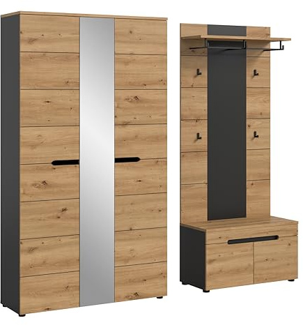 xonox.home – Garderobenkombination Canu 200x190x37 cm in Artisan Eiche & Basaltgrau – 3-teiliges Set bestehend aus Garderobenschrank, Sitzbank & Paneel – Zeitloses Design für einen einladenden Flur