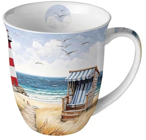 Porzellanbecher 400ml aus Fine Bone China – Kaffeebecher mit Frühlings-, Sommer- und Ostermotiven – Große Tasse für Tee & Kaffee, 10,5 cm hoch (Leuchtturm am Strand)