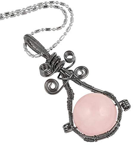 mookaitedecor Quartz Rose Collier Pendentif Perle Ronde Pierre Naturelle Lithothérapie Cristal Semi Precieuse Fil Cuivre Bijoux pour Femme
