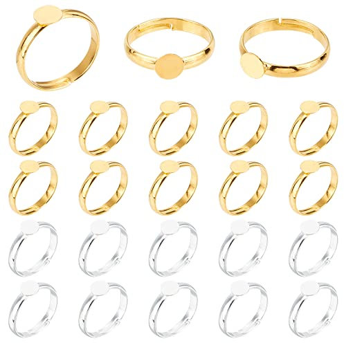 PandaHall Ringrohlinge, 40 Stück 17 mm Verstellbarer Ringrohling mit 6 mm flachem Grundkörper Gold Silber blanke Fingerringe Cabochon-Grundrahmen für Ringrohlinge, Bausatz