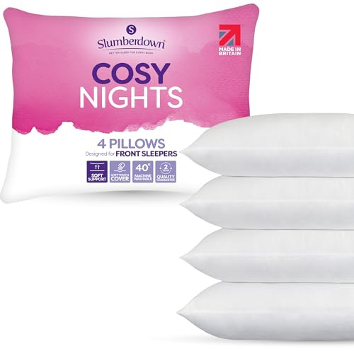 Slumberdown Cosy Nights Bed Pillows 4 Pack Non-Allergenic Ultra Soft Front & Back Sleeper Pillows - Soft Touch Breathable Cover, Made in the UK & Washable, Packaging May Vary (48 x 74cm)