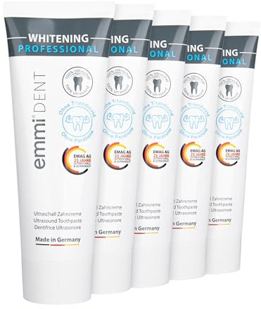 emmi-dent Ultraschall Zahncreme „Whitening“ I Schonende Whitening Zahnpasta I Ideal für empfindliche Zähne und Zahnfleisch I Vegan I Ohne Titandioxid, ohne Parabene & glutenfrei I 5x 75 ml