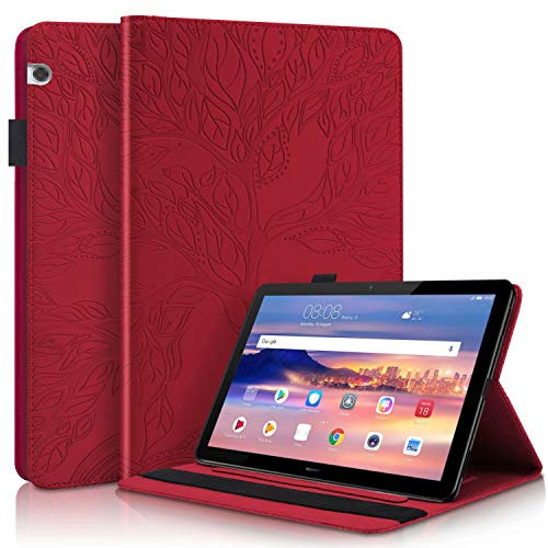 YaMiDe Case for Huawei T5 Case, with one Tempered glass, Skin-feeling PU Leather Case Cover with Stand Function for Huawei Mediapad T5 10 10.1 Inch Tablet, Embossing tree, Red