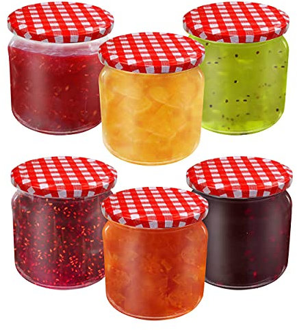 Oramics 6er-Set Einmachgläser mit Schraubdeckel – 425ml – mit schönem kariertem Deckel in Rot-Weiß – Einmachglas zum Einkochen und Konservieren – Schraubgläser mit Deckel (425 ml)