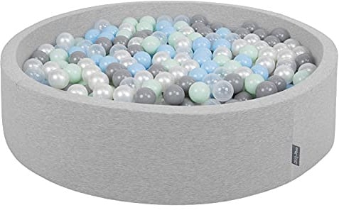 KiddyMoon Bällebad 120X30cm/1000 Bälle Rund Groß Bällepool Mit Bunten Bällen Für Babys Kinder, Hellgrau:Perle-Grau-Transparent-Babyblau-Mint