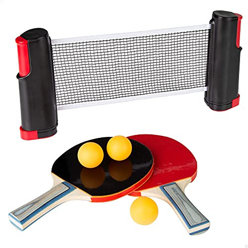 AKTIVE Pack Ping Pong, 2 raquetas tenis de mesa, Red tenis portátil, Pelotas ping pong, Ø40 cm, Juegos exterior, Red ping pong ajustable, 165 cm, Mesa de ping-pong (54121)