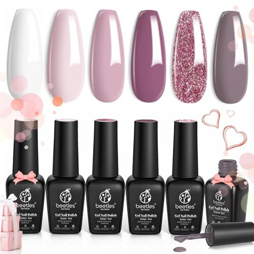 Beetles Romantic Wedding Gel Nail Polish Set - 6 Colors Classic French White Soft Pink Glitter Bridesmaid Kit - Soak Off UV Gel Polish DIY Manicure Set