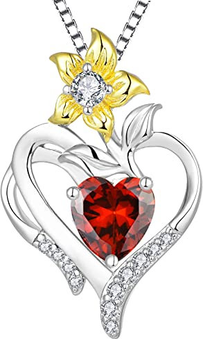 YL Herz Halskette 925 Sterling Silber Schliff Januar Geburtsstein Granat Lilie Blume Anhänger für Frauen,Kette 45+3CM