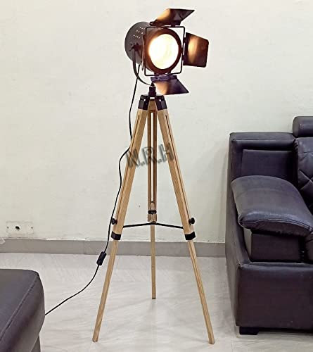 Nautical Replica Hub Lampadaire industriel trépied vintage en bois de teck projecteur de cinéma sur pied