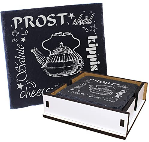 Teapot Tea Teatime Slate Coasters with Wooden Box and Bottle Coaster Decorative Glass Coasters Set of 5