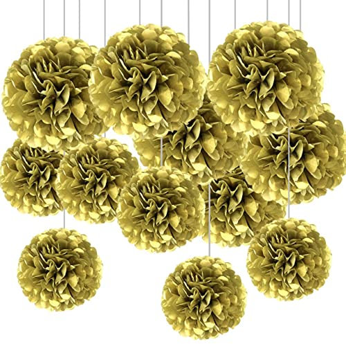 CC wonderland zone 12 Stück Gold Seidenpapier Pompons,Papier Pom Poms Seidenpompons für Party Deko