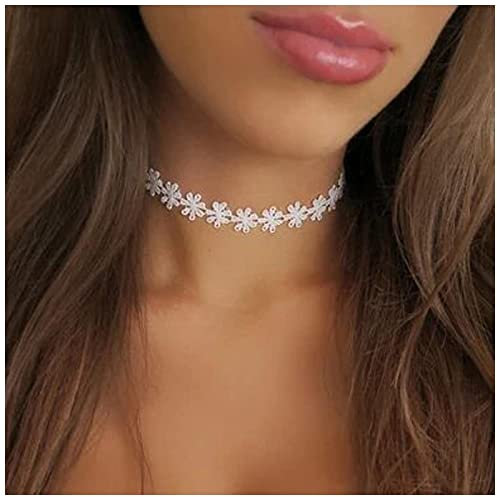 Yheakne Boho Blume Spitze Choker Halskette Weiße Spitze Tattoo Choker Halskette Gänseblümchen Blume Schlüsselbein Halskette Retro 90er Jahre Halskette Kettenschmuck Für Frauen Und Mädchen (weiß)