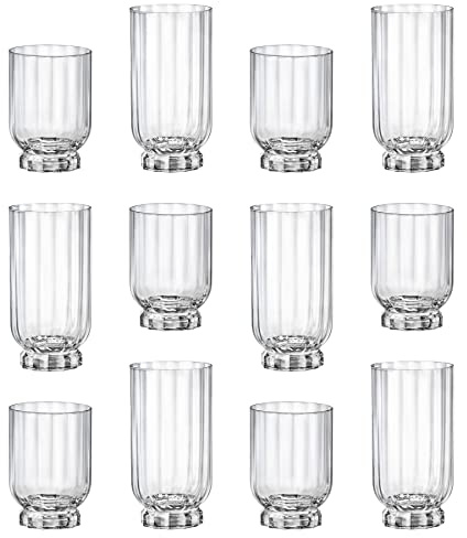 Bormioli Rocco 12pc Clear Florian Glassware Set - Mixed Glass Highball Cocktail Gin Glasses and Water Whiskey Drinking Tumblers