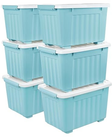 Cetomo 35L*6 Storage Boxes with Wheels, Plastic Storage Box with Lid, Latching Buckles, Click Closure, Stackable, Nesting, Durable Organizer for Home Office Clothes, Blue, 35L-6 Pack