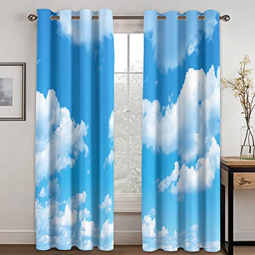 YUIUPD Vorhänge Blickdicht 3D Landschaft Mit Blauem Himmel Und Weißen Wolken Druck Verdunklungsvorhänge Kinderzimmer Junge/Mädchen, Ösenvorhang 2Er Set - Gardinen Wohnzimmer Schlafzimmer Modern 215X2