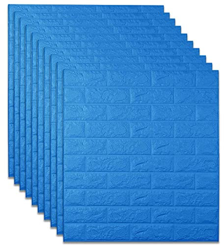 10PCs 3D Wall Panels, 70 * 77 * 0.25cm 3D Wallpaper, Self Adhesive Wall Tiles, Waterproof PE Foam Wall Paper, Stone Brick Effect Wallpaper, for Living Room,Bedroom,Kitchen (10PCs Blue)