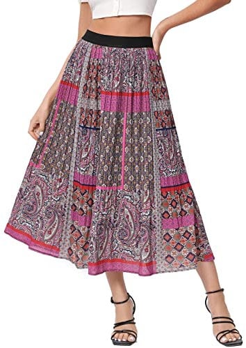 Dwirapal Damen Blumendruck Midi Röcke Chiffon Ethno Elastisch Hohe Taille Casual Plissee Swing Röcke, 73 Ethnische Rose, Mittel
