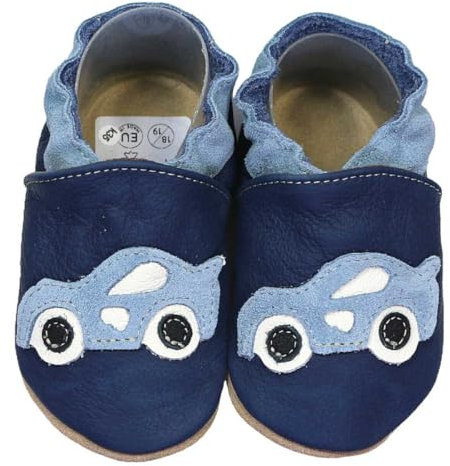 HOBEA-Germany Krabbelschuhe für Jungs und Mädchen in verschiedenen Designs, Kinderhausschuhe, Lederschuhe, Schuhgröße:24/25, Modell Schuhe: Rennauto dunkelblau