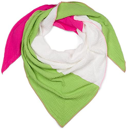 styleBREAKER Damen Musselin Dreieckstuch 3-farbig | Pastell Schal aus Baumwolle für Frühling & Sommer | Leichtes Dreieckstuch aus Musselin Stoff | Made in Italy, Farbe:Pink-Weiß-Grün