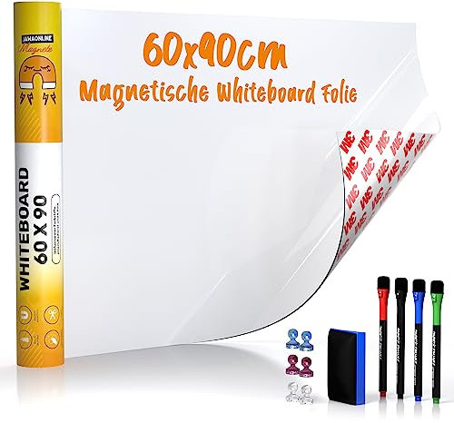 Whiteboard Folie 60x90cm - 3M Magnetfolie selbstklebend - Magnetische Tafelfolie abwischbar - Praktische Ferrofolie Weiß - Whiteboardfolie inkl. 4 Marker, Radiergummi und 6 Pins