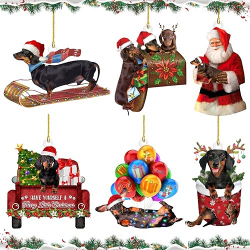 Weihnachtsbaumschmuck, Christbaumschmuck, 6 Stück Dackel Weihnachtsanhänger mit Doppelseitiger, Dackel Hängender Acryl, Weihnachtsdeko zum Aufhängen, Weihnachtsdekoration, Weihnachten Ornamente