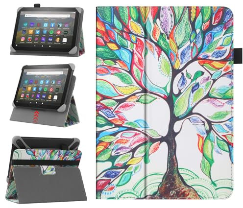 HoYiXi Universal Hülle für 7-8 Zoll Samsung Galaxy Lenovo Huawei Fire Tablet Schutzhülle in Zwei Positionen verstellbar mit Ständer und Handschlaufe - Baum