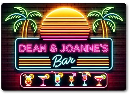 Personalised Bar Sign METAL Plaque Eighties Neon Sunset Cocktail Style. Pub 80s (A3 (405mm x 283mm))