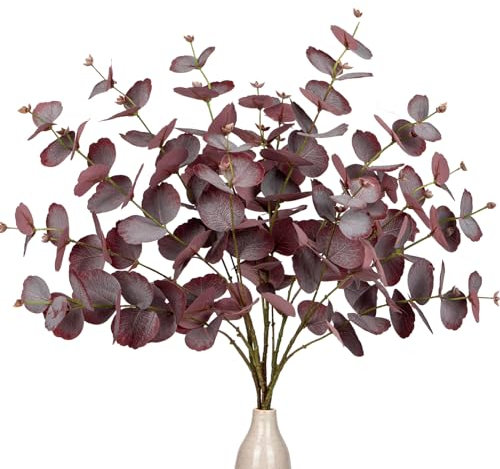 5PCS Kunstzweig Eukalyptus Künstliche Dekozweige, Rote Eukalyptusblätter Kunstpflanze Wie Echt Dekopflanzen für Hochzeit, Tafelaufsatz, Blumengesteck, Home Dekoration