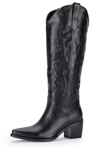 MIRAAZZURRA Stivali da cowboy da donna, con punta a punta, ricamo, grandi polpacci, altezza al ginocchio, Nero , 41 EU