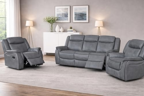 SC Furniture Ltd Grey High Grade Leather Gel Recliner 3 Seater Sofa + 2 Reclining Armchairs Sofa Suite CLIFTON