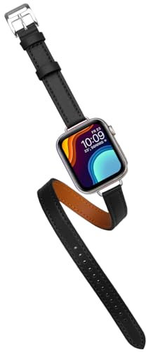 YISIWERA Lederband Kompatibel für Schwarz Apple Watch Band Damen 38mm 40mm 41mm Echtes Leder Doppelter Tour Schlank Uhrenarmband für iWatch Series 9/8/7/6/5/4/3/2/1 SE