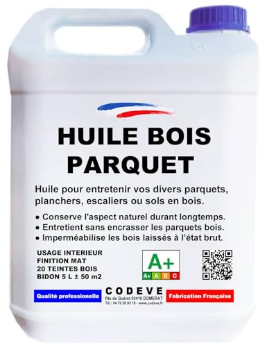Huile Parquet - Codeve Bois/Incolore - 5L - Intérieur - Pour La Protection D'un Parquet Massif, Plancher, Escalier, Sol En Bois.