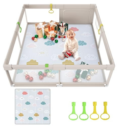 UANLAUO 150x150cm Parque Infantil Bebe con Alfombra, Grande, con 4 Piezas Anillas, Zona de Juegos Interior con Puerta de Cremallera